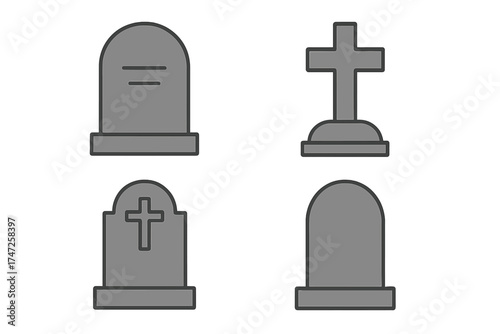 Tombstone and headstone vector icon set. Flat design grave marker and cross symbols for cemetery, death, and memorial concepts. Simple cartoon graveyard illustration collection.