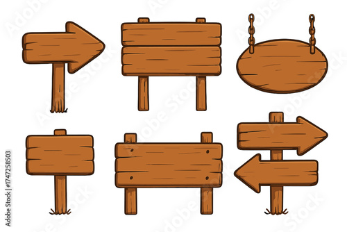 Wooden signboards collection. Cartoon wooden signs set. Vector illustration of blank rustic pointers, banners, and arrows. Old wood texture billboards and signposts.