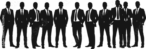 Group of businesspeople silhouettes standing in row, teamwork, corporate culture, professionalism, networking, business community illustration