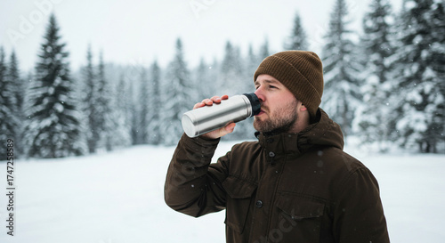 Person holding thermos in snow, winter outdoors hydration and warmth