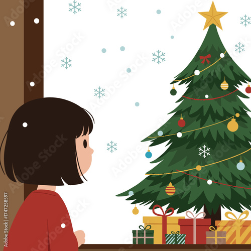 Young girl watching decorated Christmas tree by the window in winter  