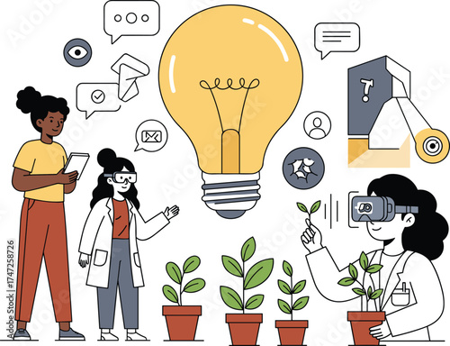 Innovation illustration, science teamwork, tablet, lab coat, VR goggles, light bulb, biotech, research, technology icons, potted plants