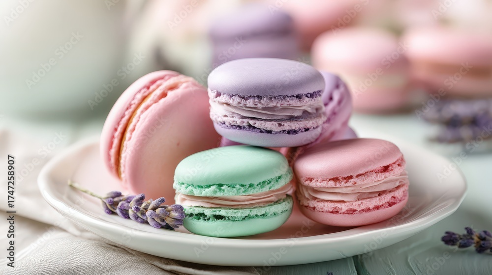 Fototapeta premium Delicate pastel macarons and lavender sprigs create a sweet, elegant scene perfect for baking blogs, dessert shops, or springtime celebrations