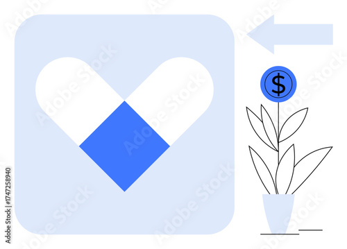 Heart shape, coin with dollar sign, potted plant, and arrow. Ideal for healthcare, finance, savings, sustainability growth investment wellness. Simple flat metaphor