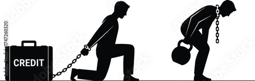 Silhouette of people burdened by credit and debt, chained to suitcase and kettlebell, financial struggle illustration concept