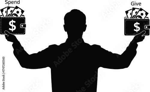 Silhouette of person holding wallets labeled Spend and Give, money choice concept, financial decision, charity versus expenditure