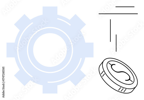Gear and coin with connecting lines symbolizing process automation, financial growth, and productivity. Ideal for economics, business strategy, fintech, systems thinking, investment, manufacturing