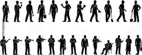 Silhouettes of workers and professionals, manual labor and artistic careers, diverse occupations illustration, society roles, career concept