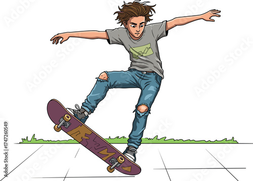 Skateboarder performing trick in mid‑air, extreme sport action, outdoor skateboarding, balance, athletic skill, youth lifestyle
