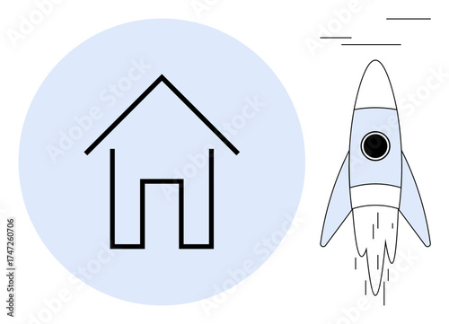 House outline beside a launching rocket suggesting progress, innovation, and exploration. Ideal for technology, startup, real estate, growth, creativity, space travel future-focused strategies