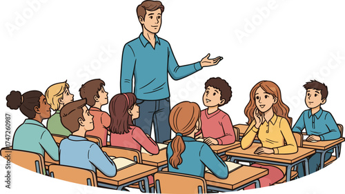 Teacher explaining lesson in classroom, students listening attentively, education teamwork, study group, knowledge sharing, school learning