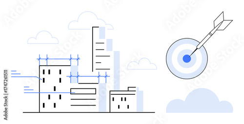 Skyscrapers under construction with scaffolding beside a dart hitting a bullseye. Ideal for urban planning, architecture, goal setting, strategy, accuracy, progress, innovation. Simple flat metaphor