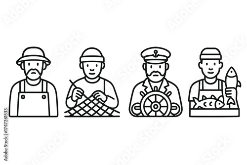 Line art illustrations of fishermen and maritime activities