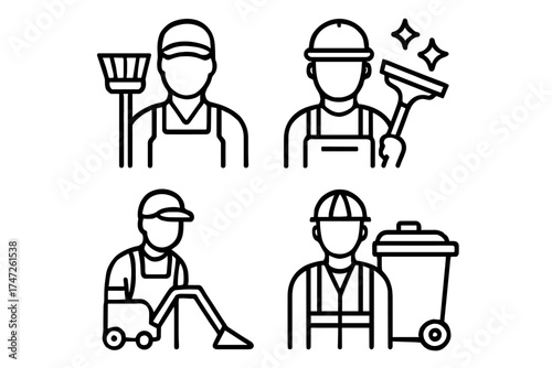 Line art icons of cleaning workers with equipment