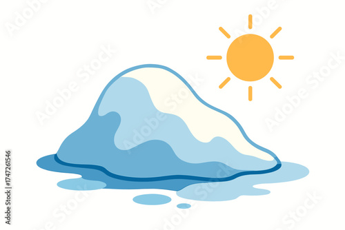 Cartoon iceberg melting under sun with water puddle