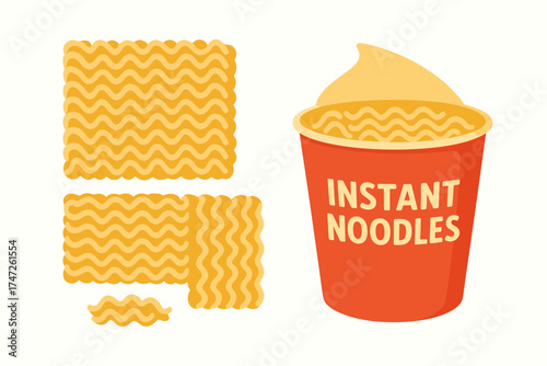 Cup of instant noodles with uncooked ramen blocks on white background