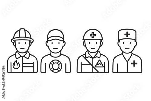 Line art illustration of various professions: firefighter, lifeguard, rescue worker, paramedic