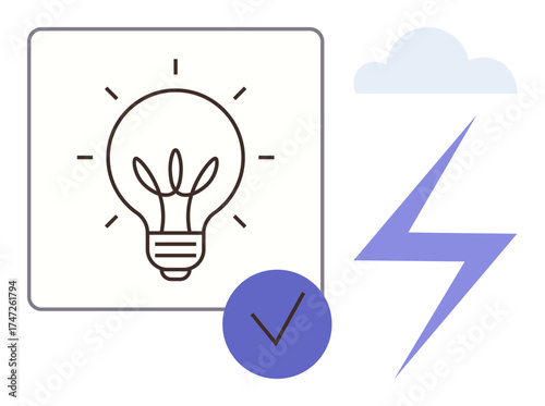 Lightbulb with rays next to lightning bolt, checkmark inside a circle, and cloud. Ideal for creativity, energy, innovation, validation, brainstorming problem-solving and productivity. A simple flat