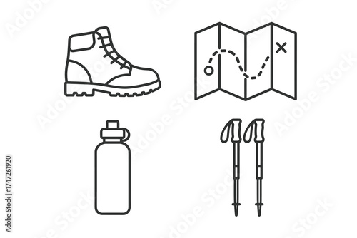 Hiking essentials: boots, map, water bottle, and trekking poles icons