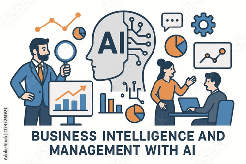 Business intelligence and ai management concept with professional caucasian adults