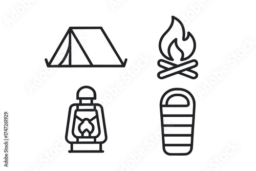Camping essentials: tent, campfire, lantern, and sleeping bag icons