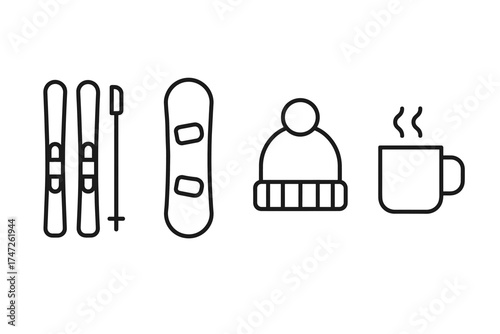 Winter sports gear collection: skis, snowboard, beanie, and hot drink icon set