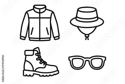 Clothing line icons featuring jacket hat boots and glasses