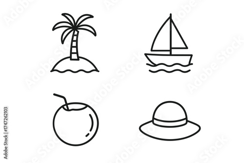 Minimalist icons of palm tree, sailboat, coconut, and sun hat for tropical themes
