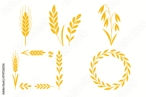 Collection of yellow grain icons: wheat, rye, barley, oats, and laurel wreath designs