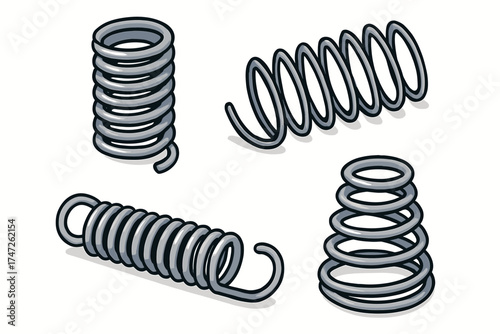 Various types of metal springs on white background