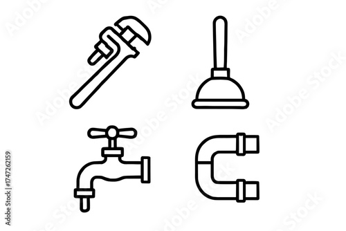 Flat design plumbing tools icons set - wrench, plunger, faucet, pipe connection