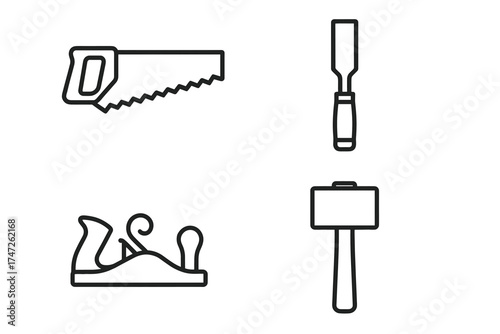 Outline icons of hand saw, chisel, wood plane, and mallet for carpentry tools