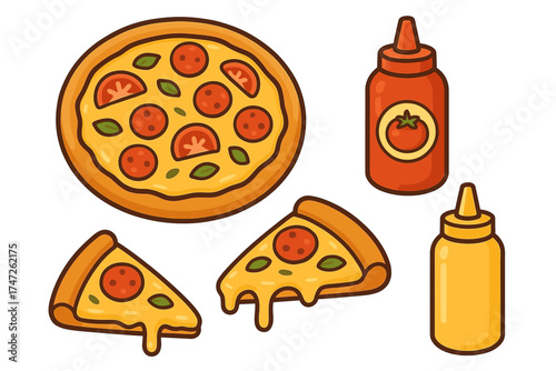 Cartoon pepperoni pizza slices with tomato and mustard sauce bottles