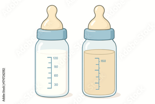 Illustration of two baby bottles: milk and formula comparison