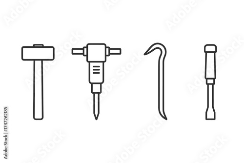 Outline illustrations of hammer, jackhammer, crowbar, and screwdriver