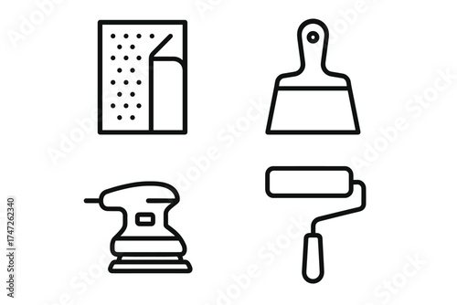Tool icons: sander, scraper, roller, paper holder in black and white line art