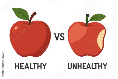 Comparison of healthy vs unhealthy apples with bite mark illustration