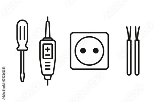 Line drawing of electrical tools and socket including screwdriver and voltage tester