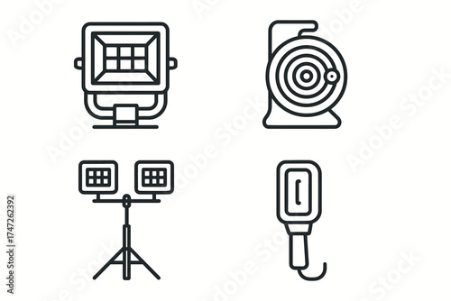 Outline icon set of outdoor floodlight, garden spotlight, hose reel, handheld device