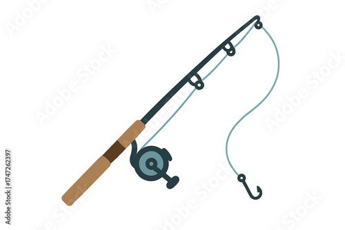 Fishing rod and reel with hook on white background