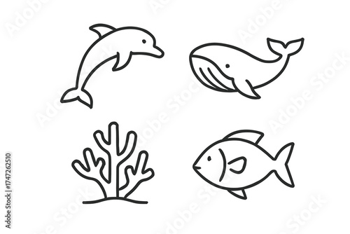 Outline art of dolphin, whale, fish, and coral illustrating marine life
