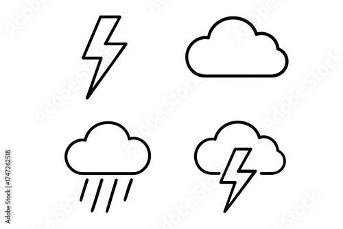 Weather icons: cloud, lightning, rain symbols in simple black outline