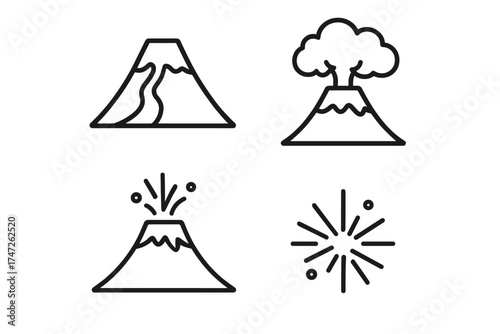 Volcano icons collection: eruption, smoke, lava flows and explosion symbols