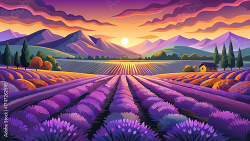 Very beautiful lavender field bathed in warm sunset light, creating a picturesque landscape, vector-style illustration emphasizing vibrant purple hues, soft shadows, and serene, romantic countryside a