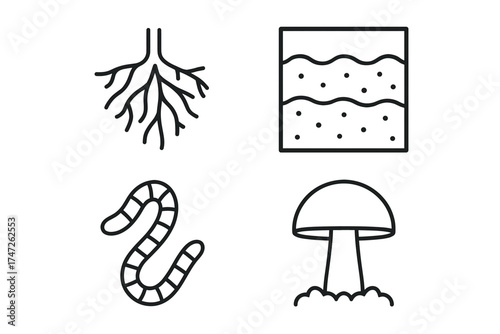 Root system, soil layers, earthworm, and mushroom icon set in black and white