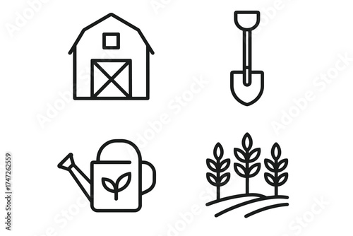 Simple farm icon set featuring barn, shovel, watering can, and plants
