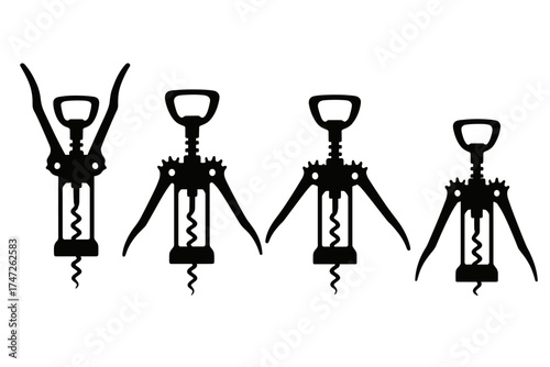 Silhouette of four corkscrew openers with levers