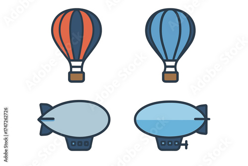Colorful hot air balloons and airships illustration with blue and orange tones