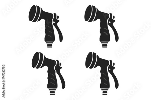 Set of four black water hose nozzle silhouettes on white background