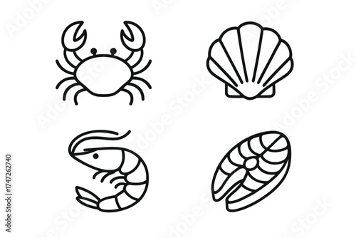 Outline icons of crab, scallop, shrimp, and fish steak on white background
